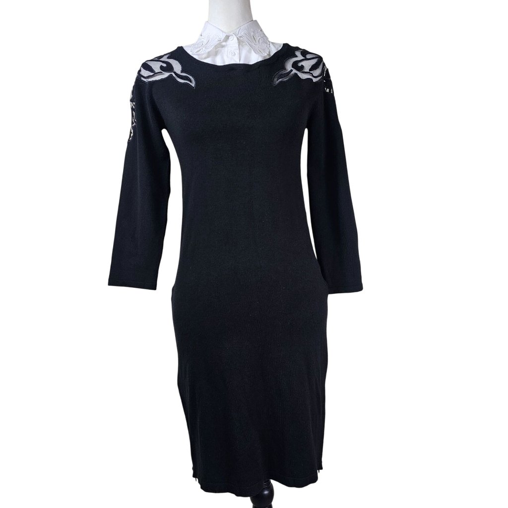 Anne Fontaine Sweater Dress 8 Black Four Removable Collars Timeless Quiet Luxury